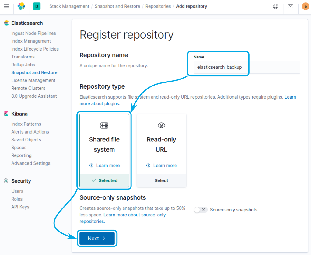 Register repository at Elastic Stack