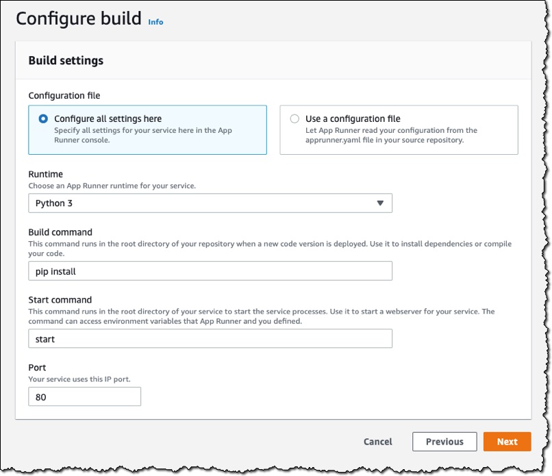 Screenshot of the Configure build section of the console