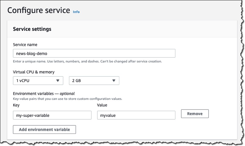 Screenshot of the configure service section of the console