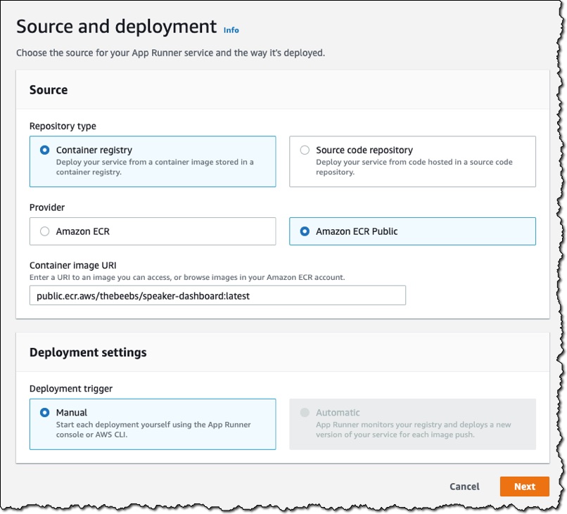 Screenshot of source and deployment section of the console