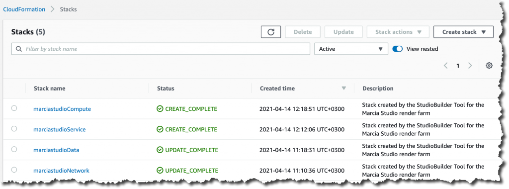 Screenshot of stacks completed in CloudFormation