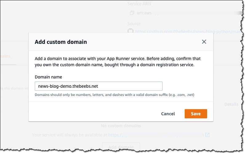Screenshot of user adding a custom domain