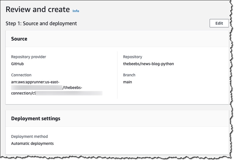 Screenshot of the review and create section of the console