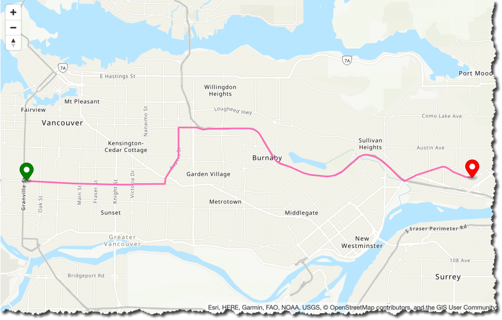 Screenshot of route drawn in map