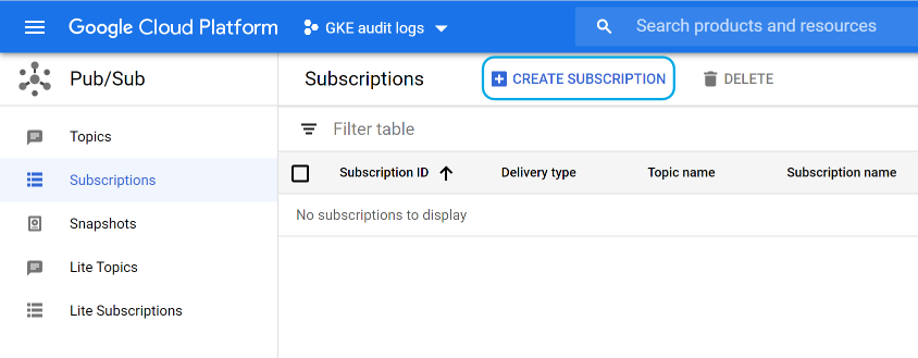 Google Cloud create subscription